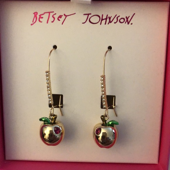 Betsey Johnson Gold Tone Apple Drop Earrings Crystal Accents NIB - Picture 6 of 11